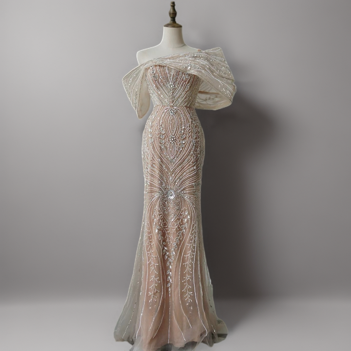 Champagne Embellished Gown with Off Shoulder Design – Sequins Evening Gown Plus Size