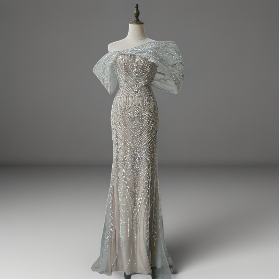 Champagne Embellished Gown with Off Shoulder Design – Sequins Evening Gown Plus Size
