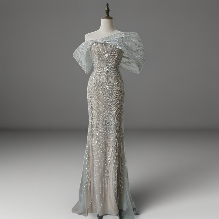 Champagne Embellished Gown with Off Shoulder Design – Sequins Evening Gown Plus Size