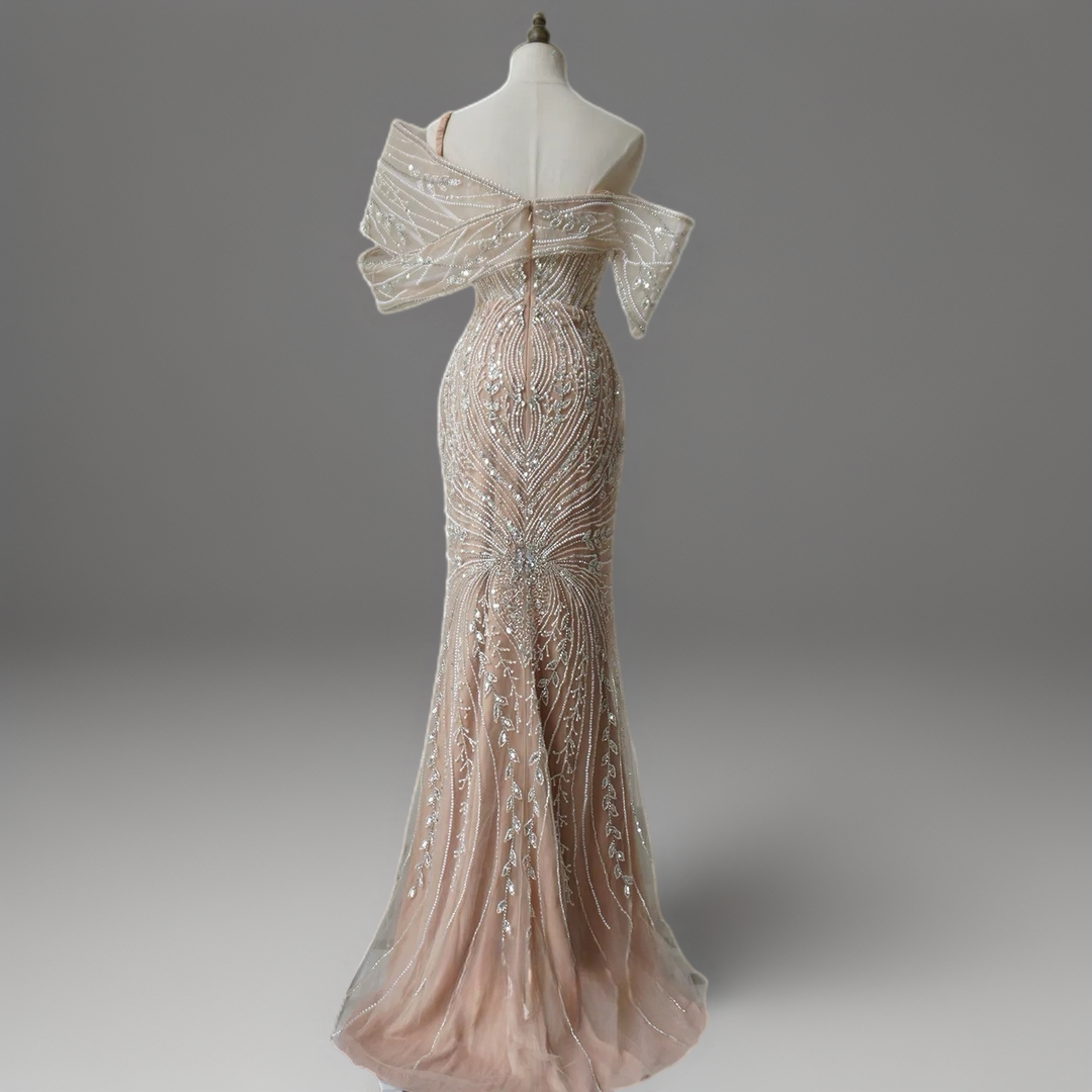 Champagne Embellished Gown with Off Shoulder Design – Sequins Evening Gown Plus Size