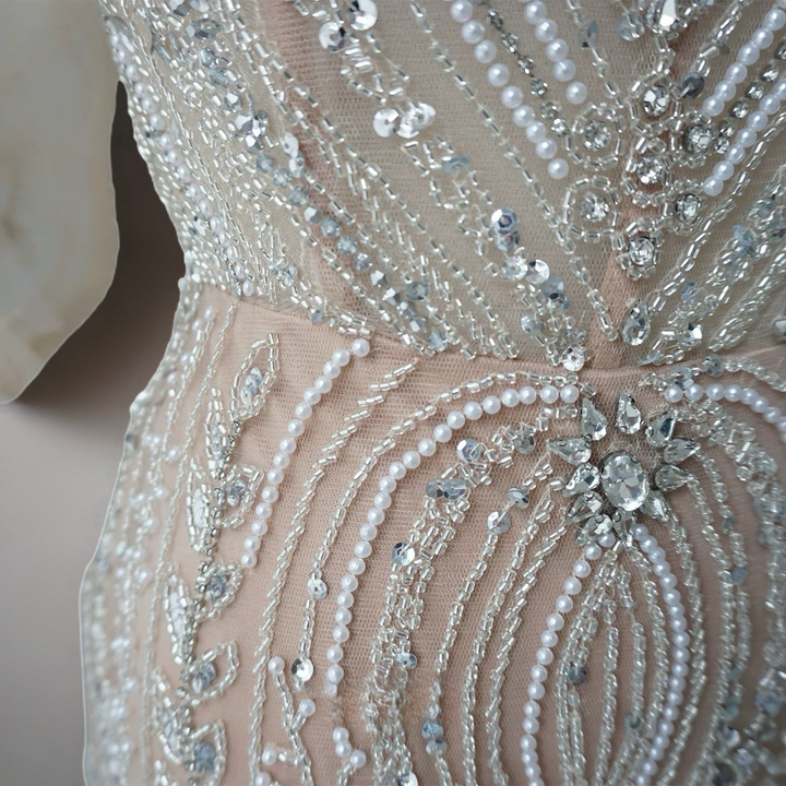 Champagne Embellished Gown with Off Shoulder Design – Sequins Evening Gown Plus Size