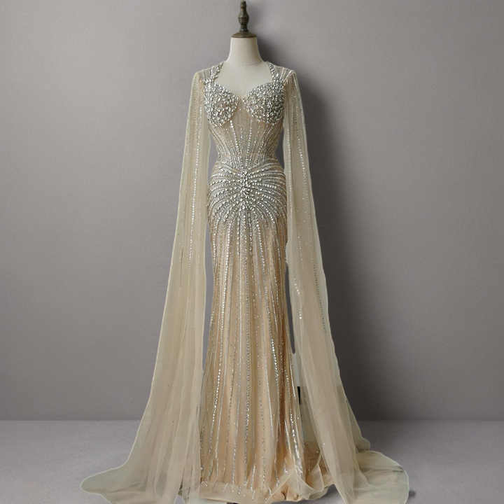 Champagne Illusion Sequin Ball Gown with Cape Sleeves – Long Sleeve Sequin Dress Plus Size