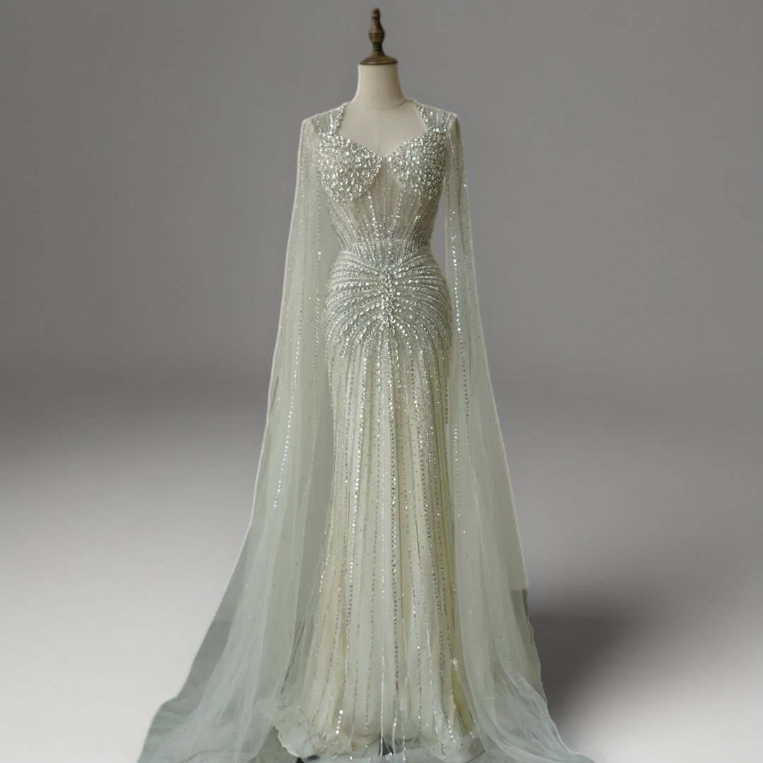 Champagne Illusion Sequin Ball Gown with Cape Sleeves – Long Sleeve Sequin Dress Plus Size