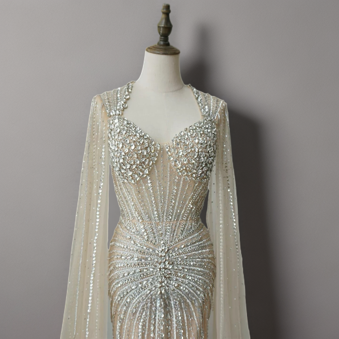 Champagne Illusion Sequin Ball Gown with Cape Sleeves – Long Sleeve Sequin Dress Plus Size