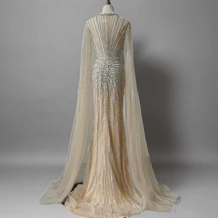 Champagne Illusion Sequin Ball Gown with Cape Sleeves – Long Sleeve Sequin Dress Plus Size