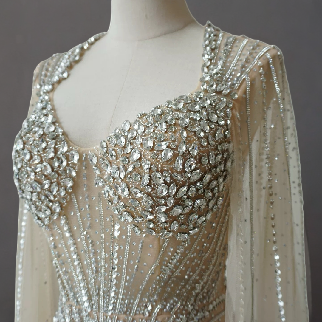 Champagne Illusion Sequin Ball Gown with Cape Sleeves – Long Sleeve Sequin Dress Plus Size