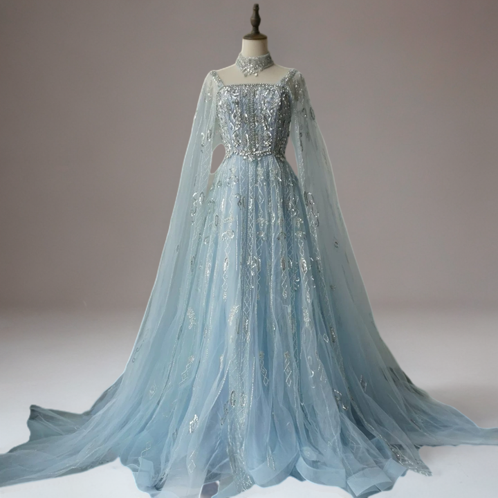 Light Blue Sequin Embellished Ball Gown with Cape Sleeves – Long Sleeve Sequin Dress Plus Size