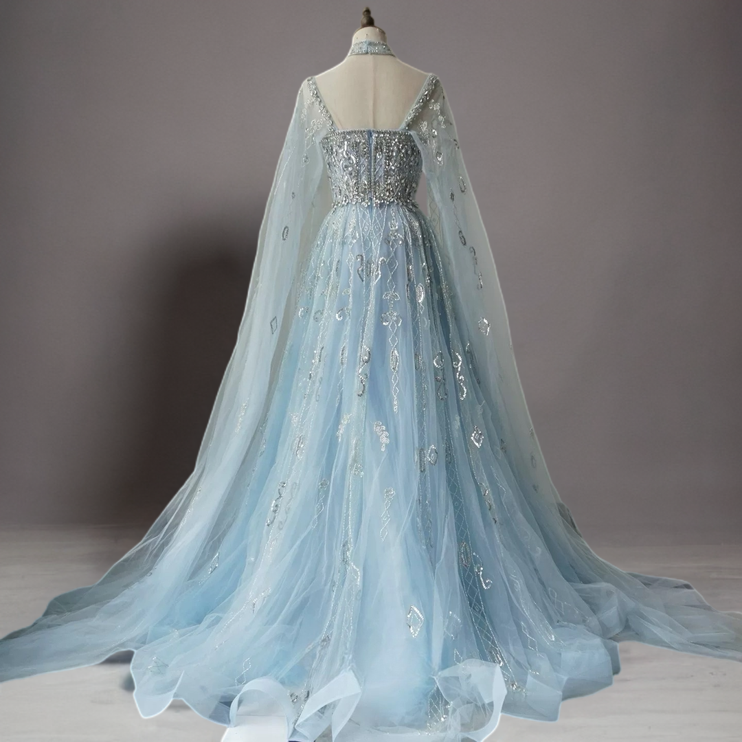 Light Blue Sequin Embellished Ball Gown with Cape Sleeves – Long Sleeve Sequin Dress Plus Size