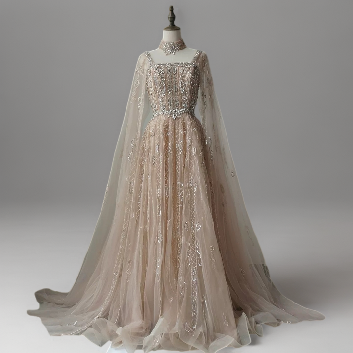 Light Blue Sequin Embellished Ball Gown with Cape Sleeves – Long Sleeve Sequin Dress Plus Size