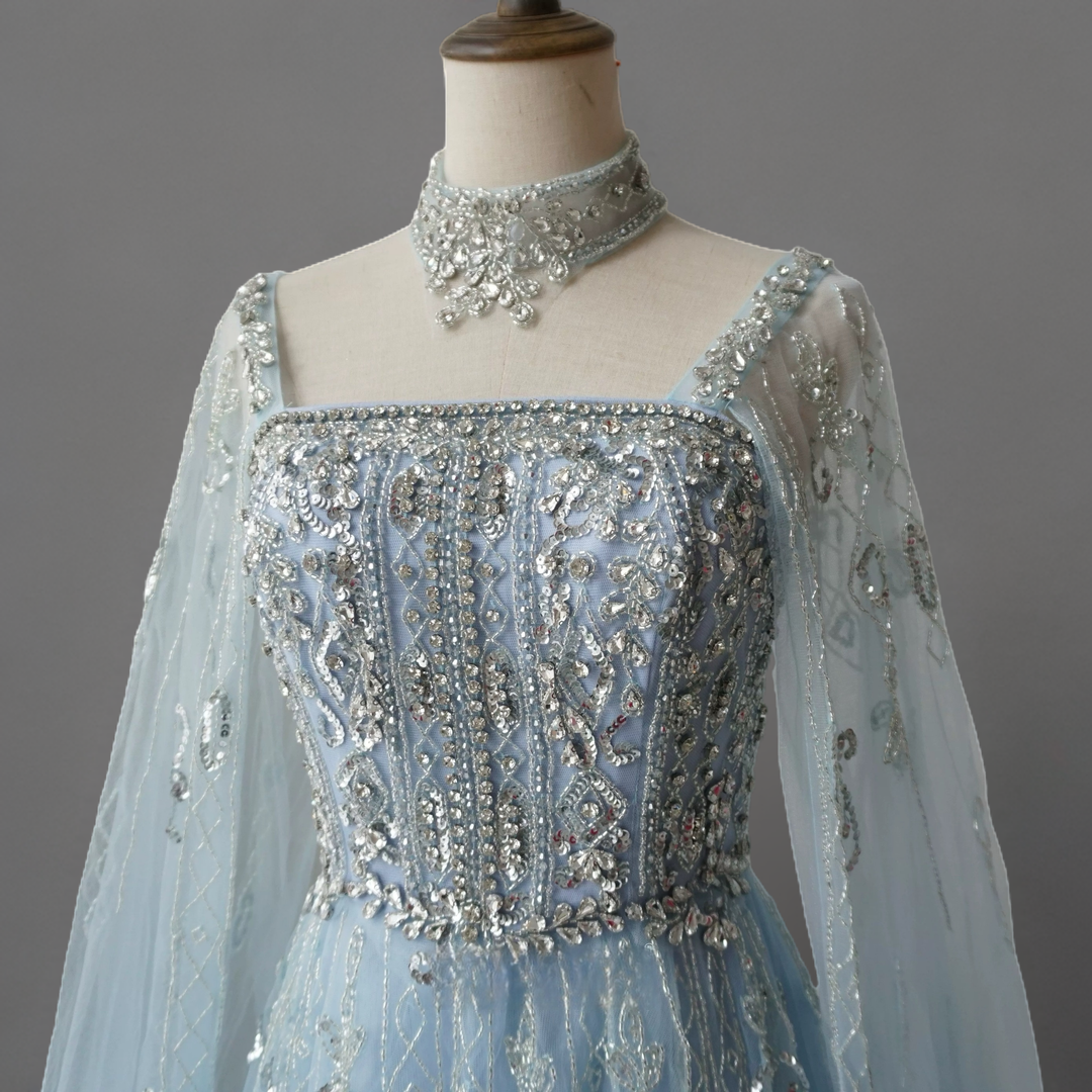 Light Blue Sequin Embellished Ball Gown with Cape Sleeves – Long Sleeve Sequin Dress Plus Size