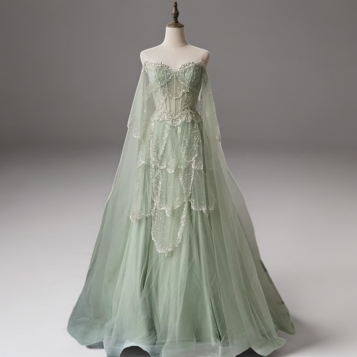 Light Green Pretty Sequin Dress with Corset Bodice – Designer Sequin Gown with Corset Back Plus Size