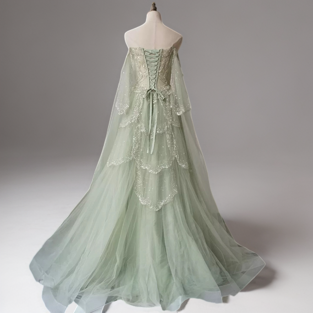 Light Green Pretty Sequin Dress with Corset Bodice – Designer Sequin Gown with Corset Back Plus Size