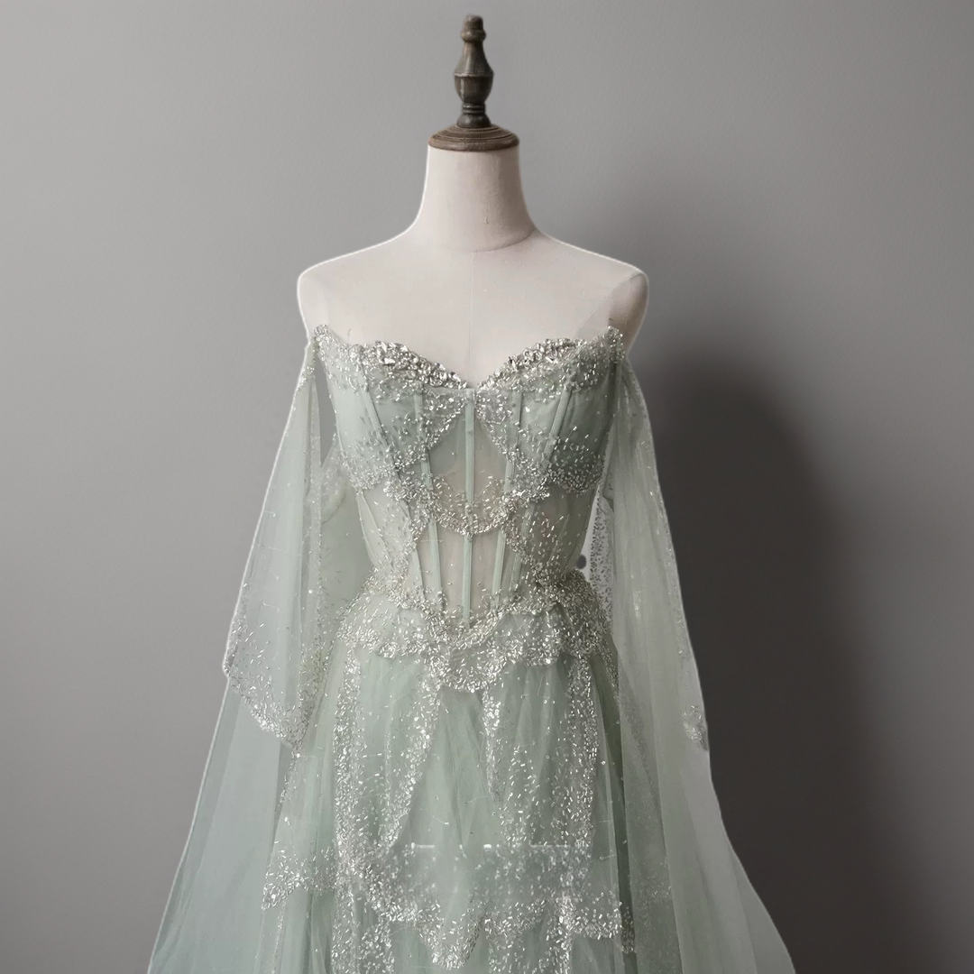 Light Green Pretty Sequin Dress with Corset Bodice – Designer Sequin Gown with Corset Back Plus Size