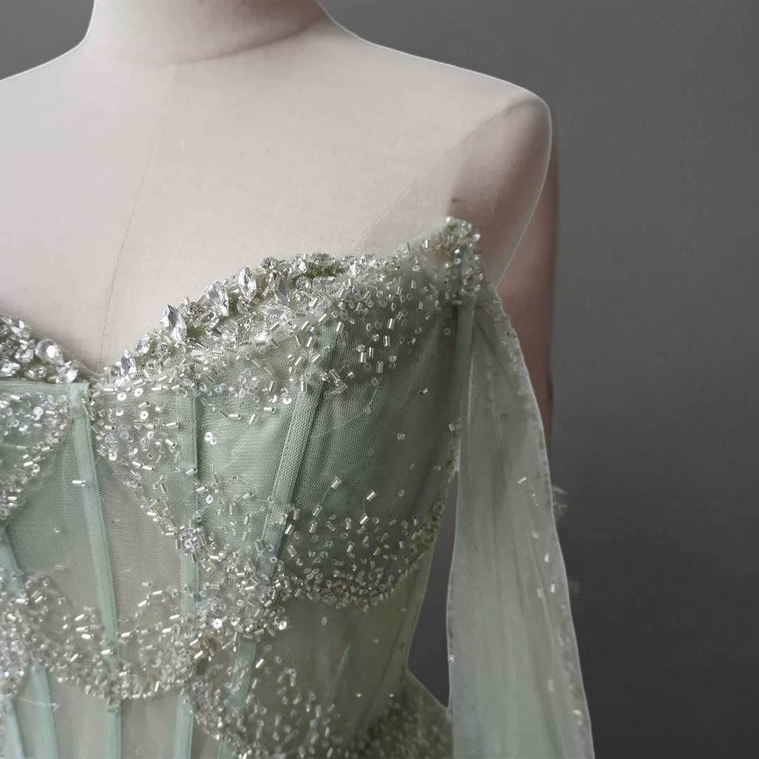 Light Green Pretty Sequin Dress with Corset Bodice – Designer Sequin Gown with Corset Back Plus Size