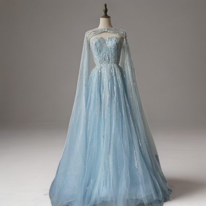 Light Blue Sequin Ball Gown with Illusion Neckline – Glitter Maxi Dress with Cape Sleeves Plus Size