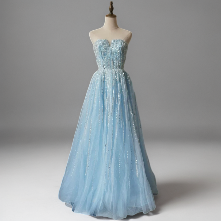 Light Blue Sequin Ball Gown with Illusion Neckline – Glitter Maxi Dress with Cape Sleeves Plus Size