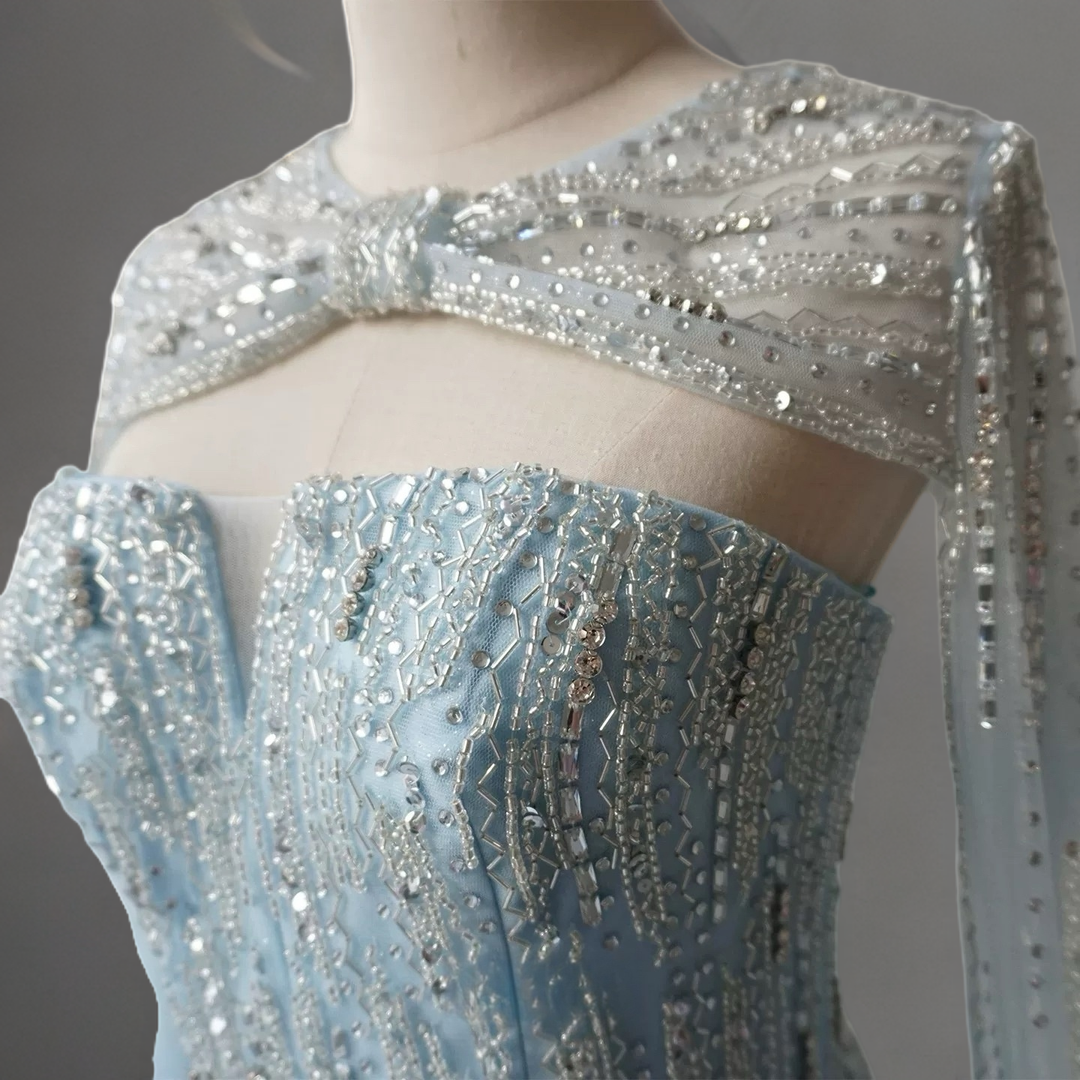 Light Blue Sequin Ball Gown with Illusion Neckline – Glitter Maxi Dress with Cape Sleeves Plus Size
