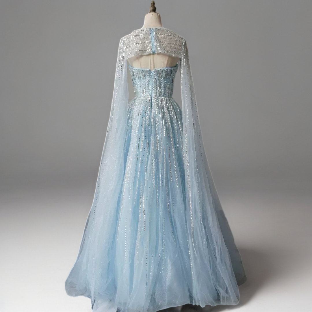 Light Blue Sequin Ball Gown with Illusion Neckline – Glitter Maxi Dress with Cape Sleeves Plus Size
