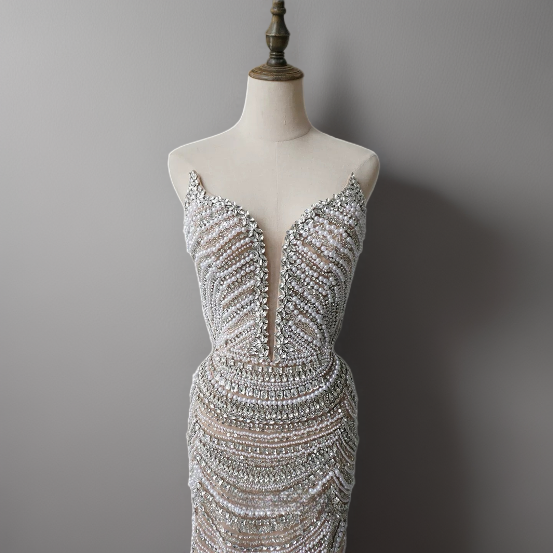 Nude Sequin Embellished Gown - Mermaid Evening Dress with Plunging Neckline – Designer Sequin Gown Plus Size