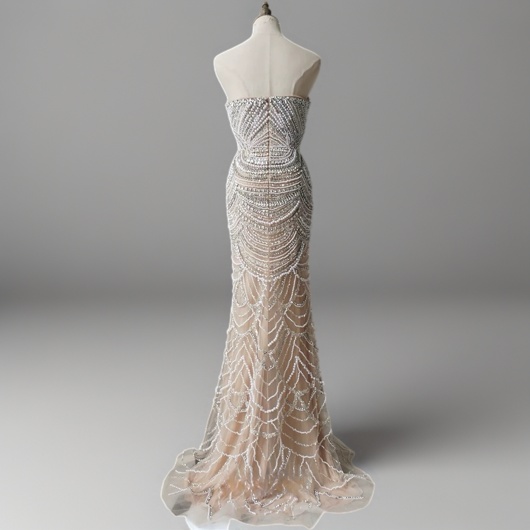 Nude Sequin Embellished Gown - Mermaid Evening Dress with Plunging Neckline – Designer Sequin Gown Plus Size