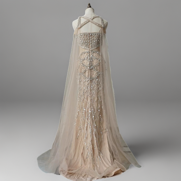 Champagne Embellished Gown with Halter Neckline – Illusion Formal Dress with Tulle Plus Size