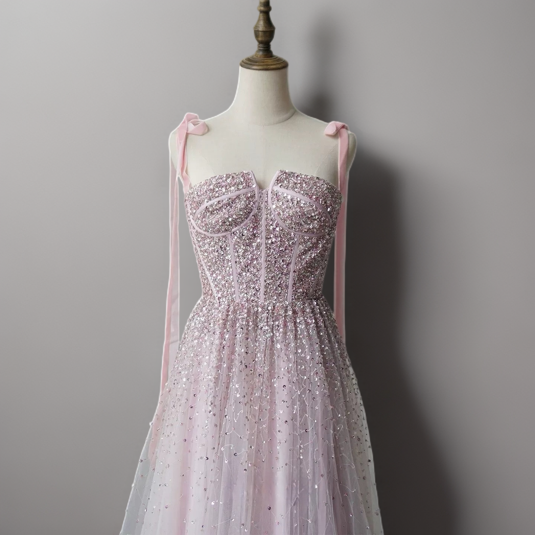 Light Pink Sequin Evening Dress with Corset Bodice – Sparkly Maxi Dress with Corset Back Plus Size