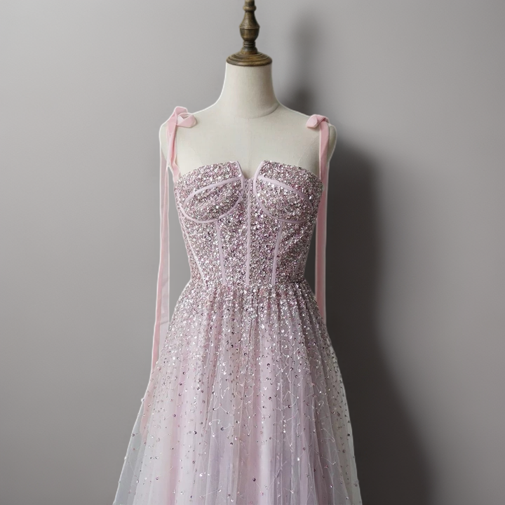 Light Pink Sequin Evening Dress with Corset Bodice – Sparkly Maxi Dress with Corset Back Plus Size