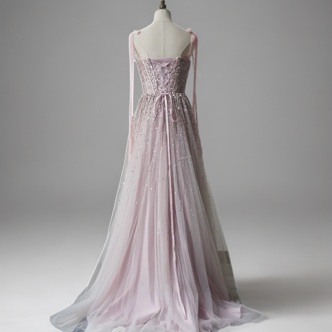 Light Pink Sequin Evening Dress with Corset Bodice – Sparkly Maxi Dress with Corset Back Plus Size