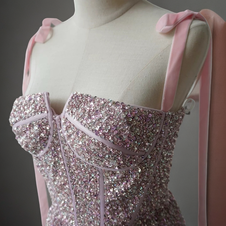 Light Pink Sequin Evening Dress with Corset Bodice – Sparkly Maxi Dress with Corset Back Plus Size