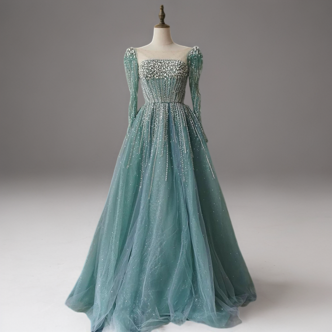 Champagne Long Sleeve Sequin Evening Gown – Sparkly Maxi Dress with Embellished Bodice Plus Size