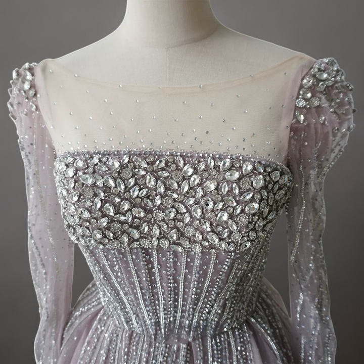 Champagne Long Sleeve Sequin Evening Gown – Sparkly Maxi Dress with Embellished Bodice Plus Size
