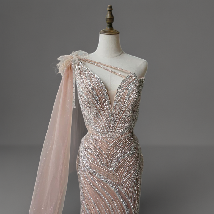 Champagne One Shoulder Sequin Evening Dress with Draped Tulle Sleeve – Sparkly Maxi Dress Plus Size