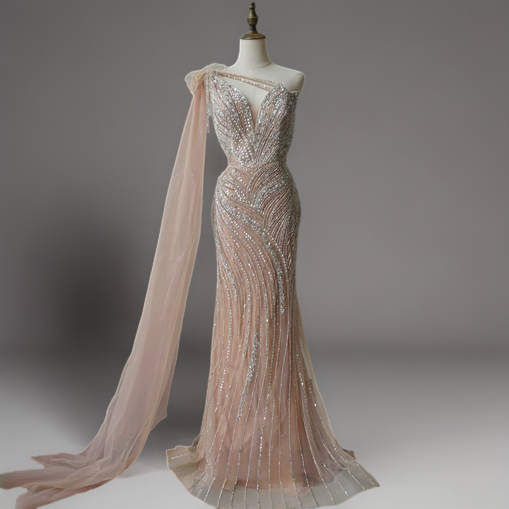 Champagne One Shoulder Sequin Evening Dress with Draped Tulle Sleeve – Sparkly Maxi Dress Plus Size