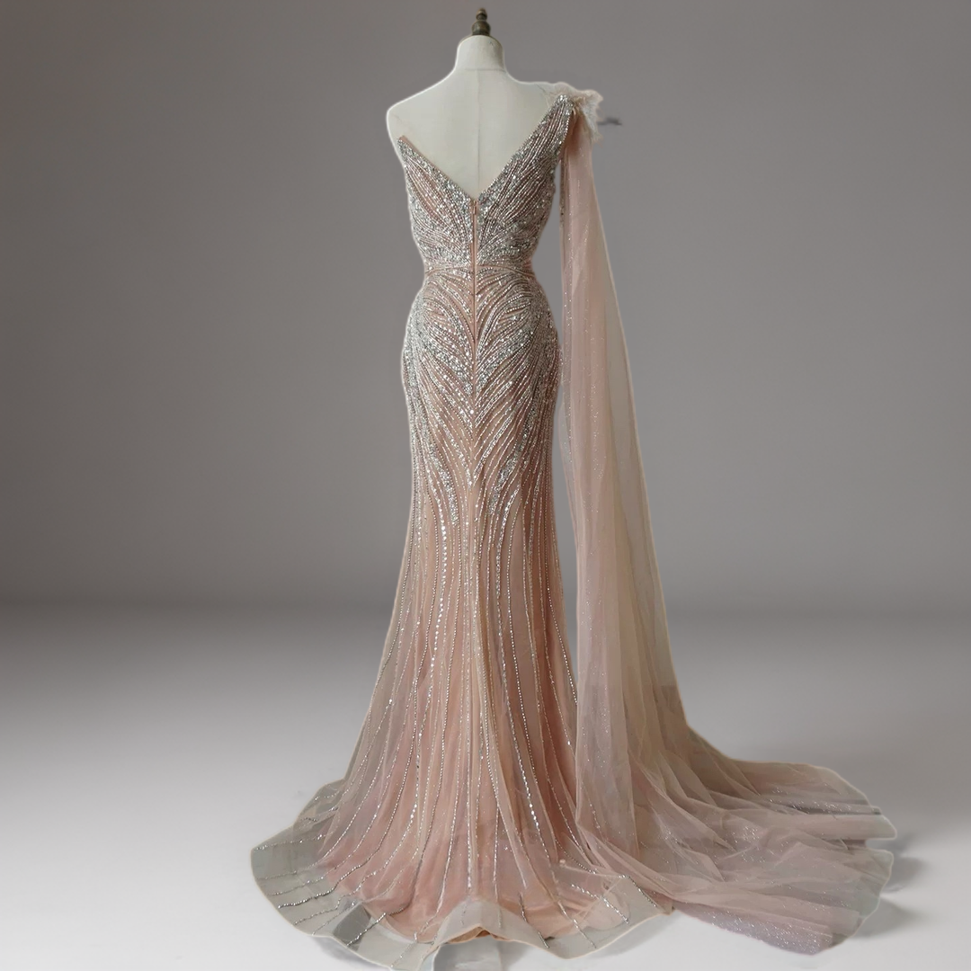 Champagne One Shoulder Sequin Evening Dress with Draped Tulle Sleeve – Sparkly Maxi Dress Plus Size