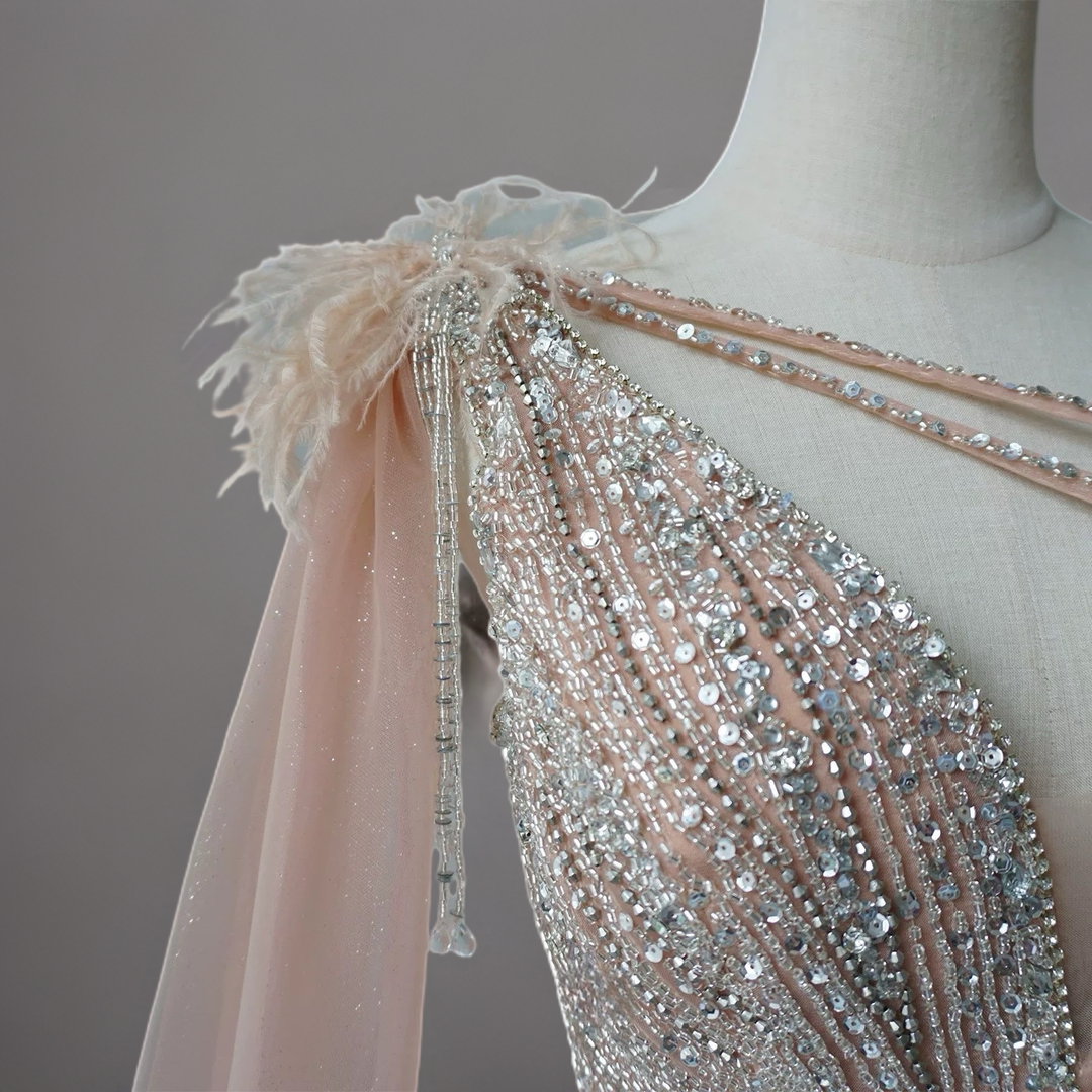 Champagne One Shoulder Sequin Evening Dress with Draped Tulle Sleeve – Sparkly Maxi Dress Plus Size
