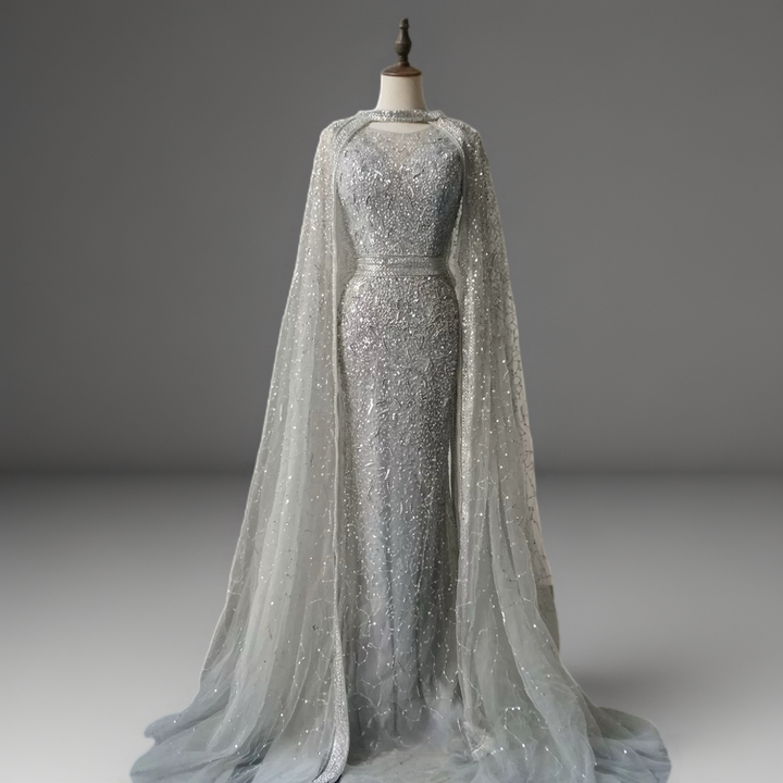 Silver Convertible Sequin Evening Gown with Cape Overlay – Silver Glitter Dress with Open Back Plus Size