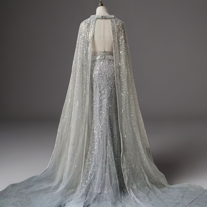 Silver Convertible Sequin Evening Gown with Cape Overlay – Silver Glitter Dress with Open Back Plus Size