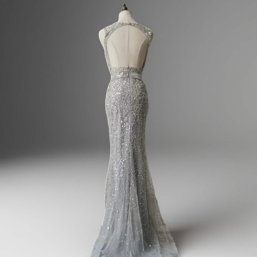 Silver Convertible Sequin Evening Gown with Cape Overlay – Silver Glitter Dress with Open Back Plus Size