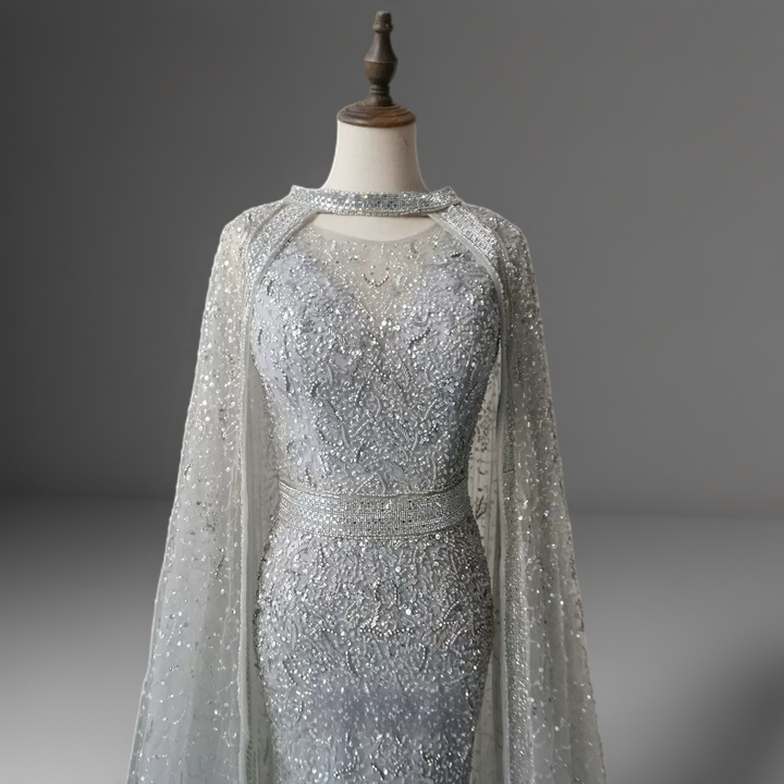 Silver Convertible Sequin Evening Gown with Cape Overlay – Silver Glitter Dress with Open Back Plus Size