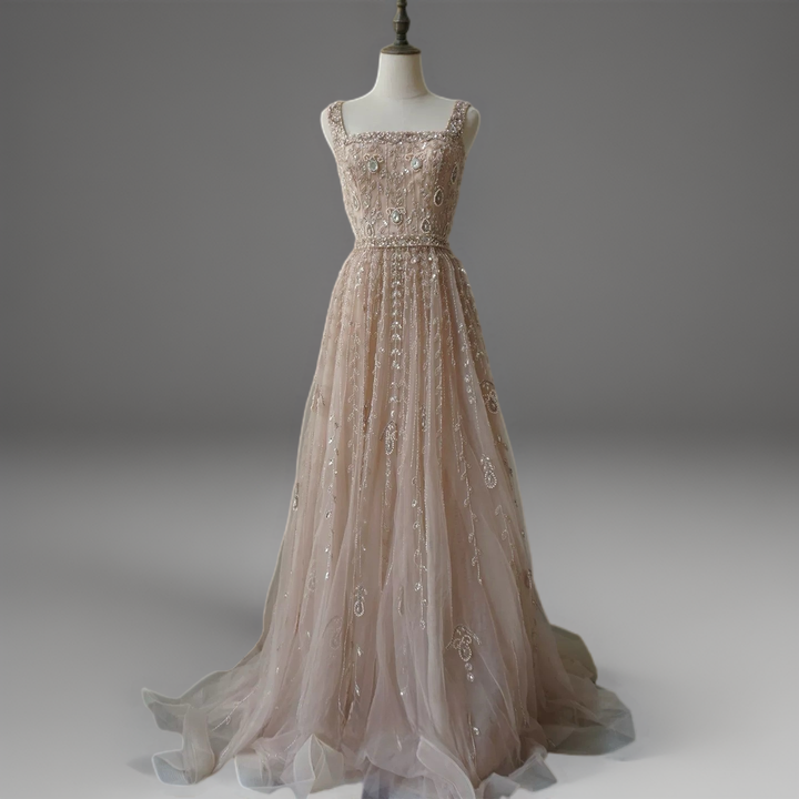 Champagne Convertible Embellished Gown with Cape – Sequin Maxi Dress with Square Neckline Plus Size