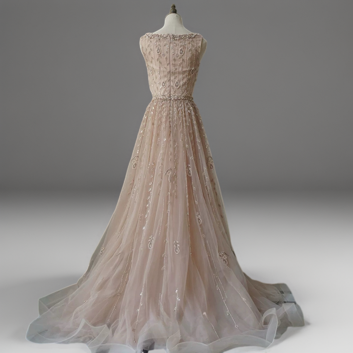 Champagne Convertible Embellished Gown with Cape – Sequin Maxi Dress with Square Neckline Plus Size