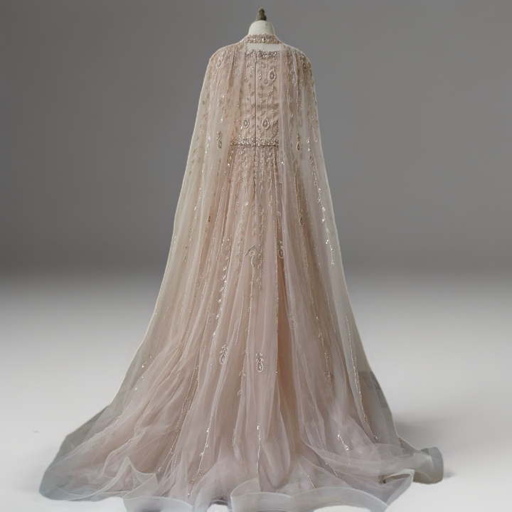 Champagne Convertible Embellished Gown with Cape – Sequin Maxi Dress with Square Neckline Plus Size