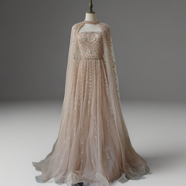 Champagne Convertible Embellished Gown with Cape – Sequin Maxi Dress with Square Neckline Plus Size