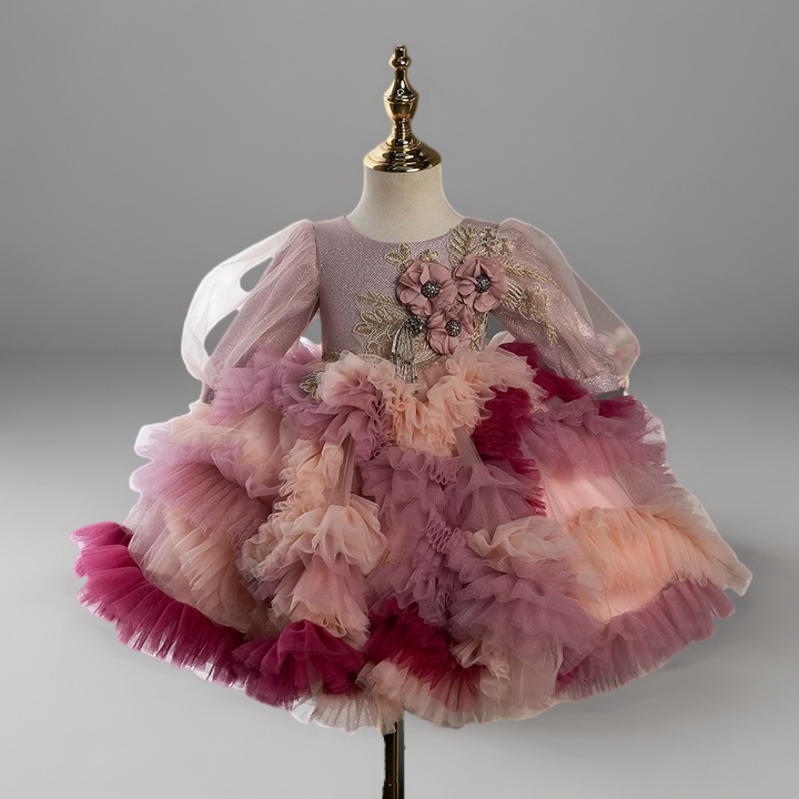 Multicolor Rose Pink Layered Tulle Toddler Flower Girl dress with Floral Appliqué – Special Occasion Girl Dress Plus Size