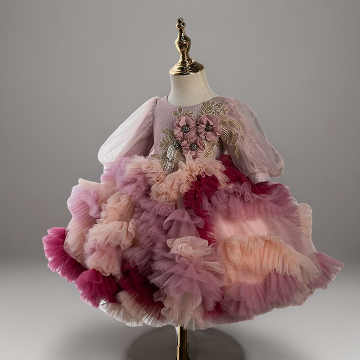 Multicolor Rose Pink Layered Tulle Toddler Flower Girl dress with Floral Appliqué – Special Occasion Girl Dress Plus Size