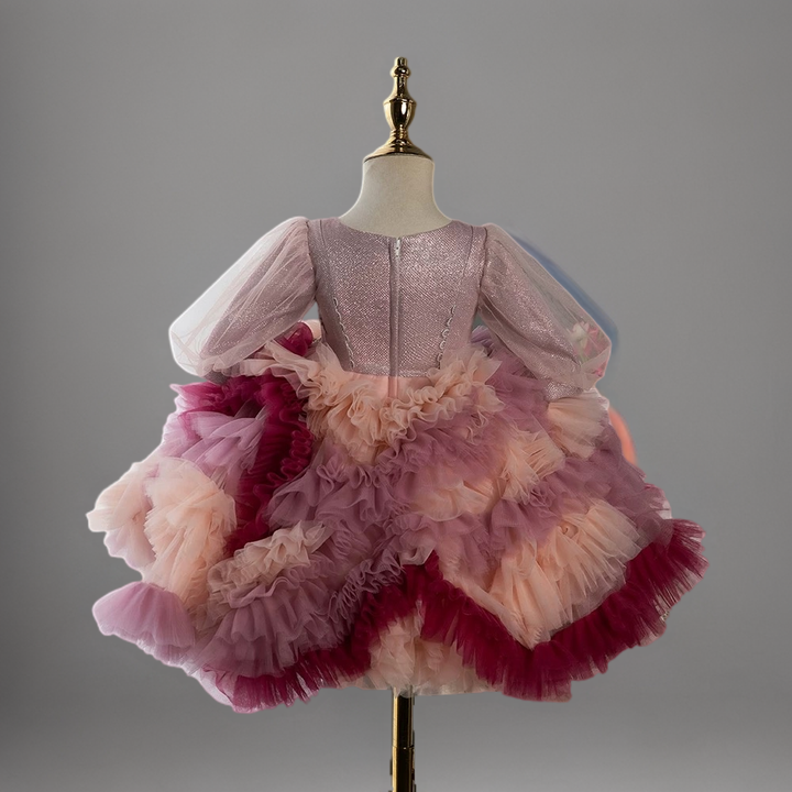 Multicolor Rose Pink Layered Tulle Toddler Flower Girl dress with Floral Appliqué – Special Occasion Girl Dress Plus Size