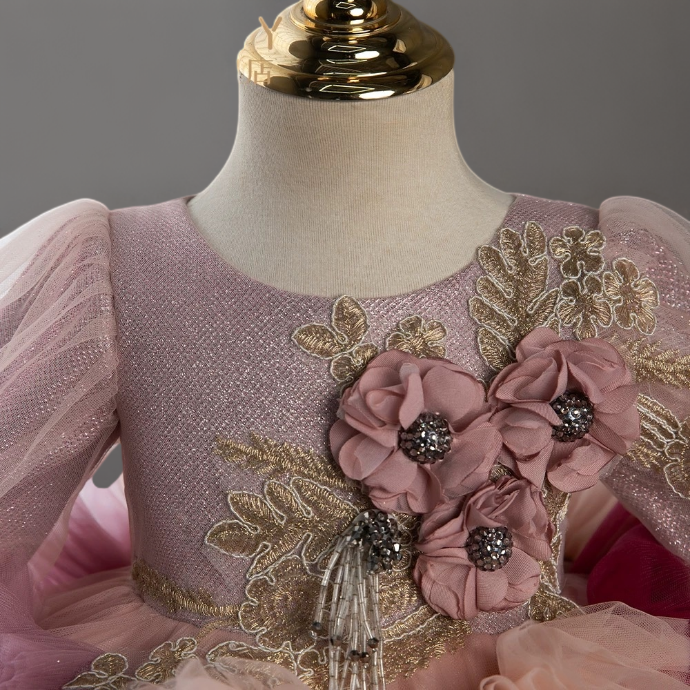 Multicolor Rose Pink Layered Tulle Toddler Flower Girl dress with Floral Appliqué – Special Occasion Girl Dress Plus Size