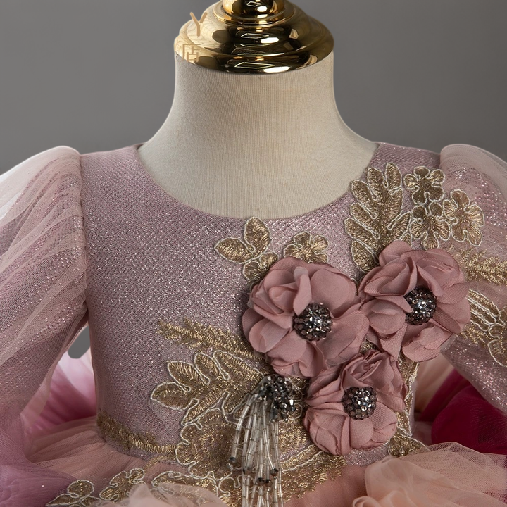 Multicolor Rose Pink Layered Tulle Toddler Flower Girl dress with Floral Appliqué – Special Occasion Girl Dress Plus Size