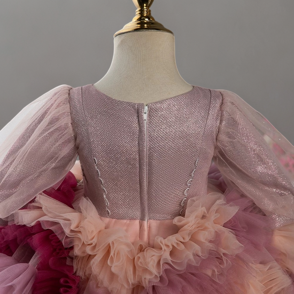 Multicolor Rose Pink Layered Tulle Toddler Flower Girl dress with Floral Appliqué – Special Occasion Girl Dress Plus Size