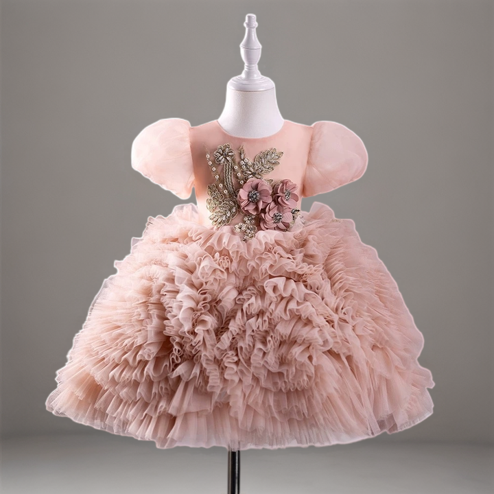 Blush Pink Ruffled Tulle Toddler Flower Girl Dress with Puff Sleeves – Baby Flower Girl Dress Plus Size